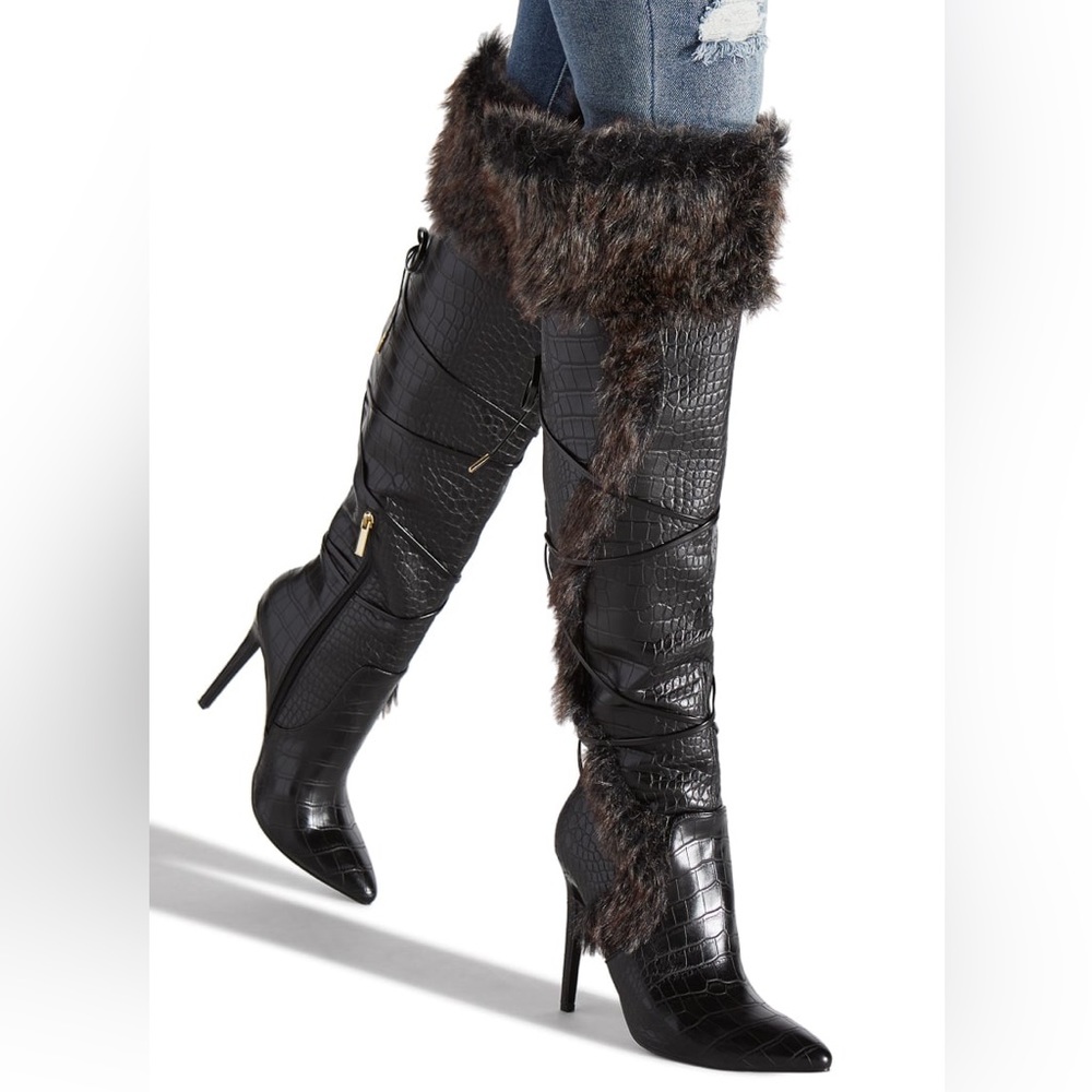 Shoedazzle Sheryl Faux Fur Stiletto Knee-High Heeled Boot - Picture 1 of 13
